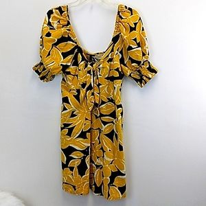 Floral Print Dress‎ Linen Blend Puff Elbow Sleeve Dress Sz Lrg